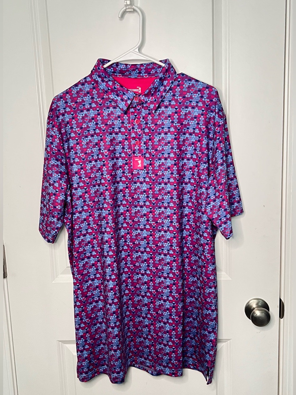 Bogey Bros Golf Polo XL Pink Blue Whale Tail Geometric Print Performance Shirt